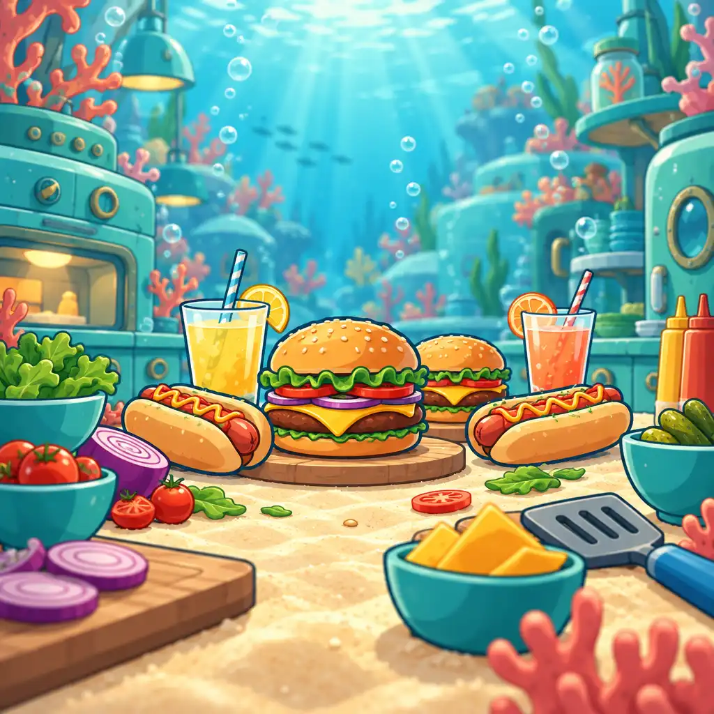 Autorska ilustracja burgerów, hot dogów i napojów na kolorowym podwodnym blacie kuchennym