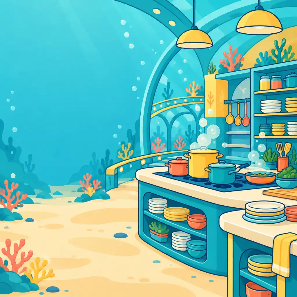 Autorska ilustracja podwodnej kuchni z kolorowymi stanowiskami, garnkami i rafowymi detalami.