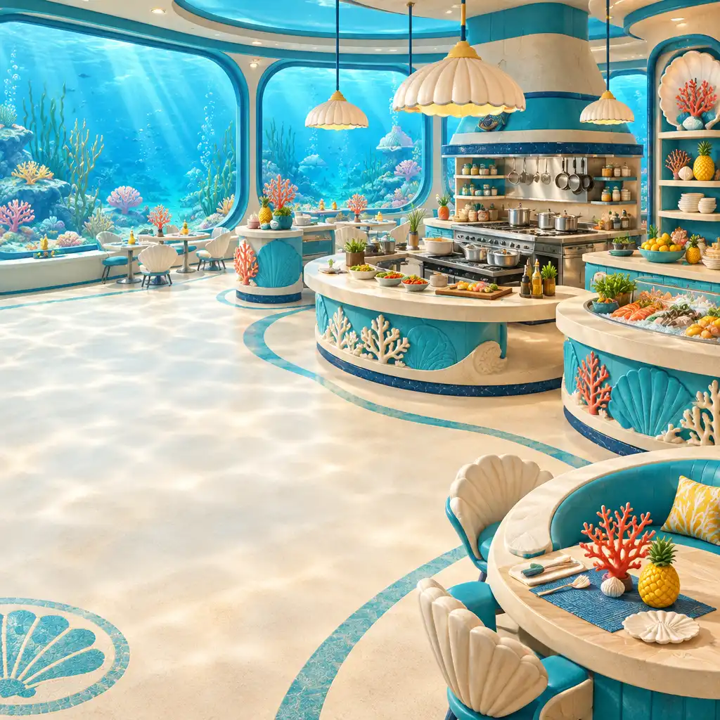 Autorska ilustracja podwodnej restauracji przy rafie z ladami i stanowiskami kuchennymi